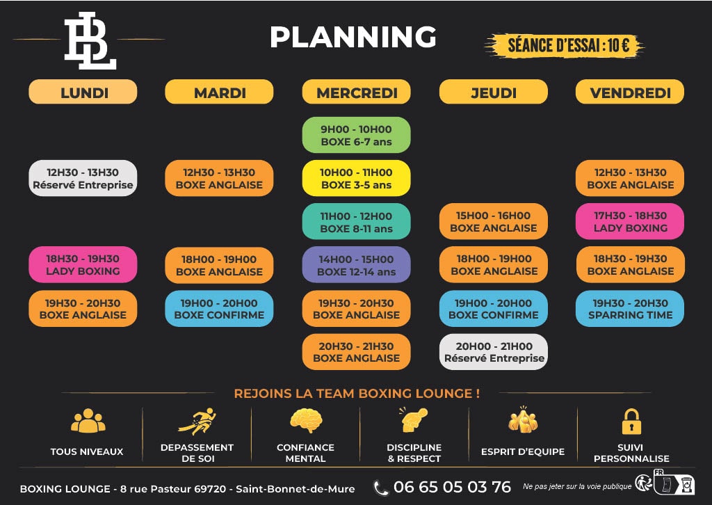 planning des cours de boxe anglaise